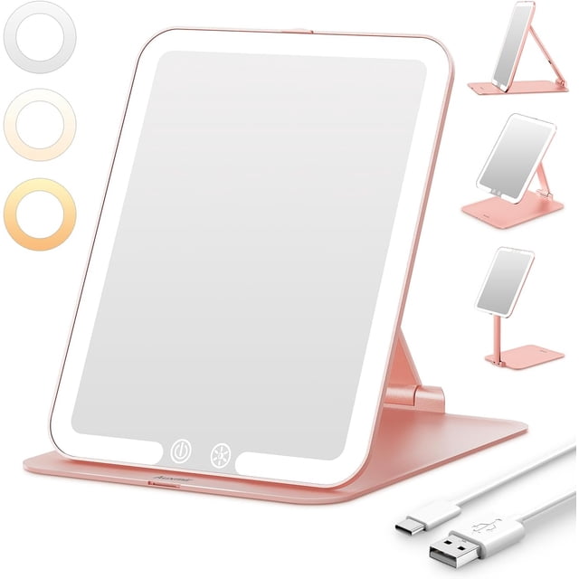 Rechargeable Travel Makeup Mirror Portable Travel Lighted Makeup Mirror with Color Modes Dimmable Compact Tabletop LED Vanity Mirror with Touch Screen