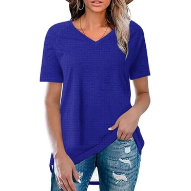 Meichang Hauts pour Femmes Manches Courtes Décontractées Col en V T-Shirts Coupe Ample Couleur Unie Tuniques Confortables Légères Basiques Été Coton