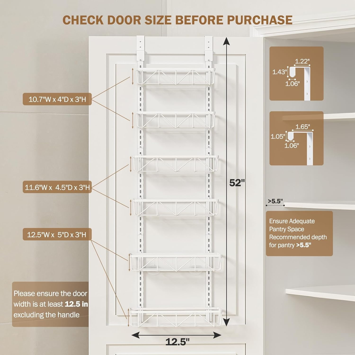 Delamu 6-Tier Over the Door Rack Organizer, Adjustable Pantry Organizers and Storage Shelves, Metal Hanging Spice Rack Organizer, Cabinet Door Organizer for Kitchen Bathroom Laundry Room, 12" White
