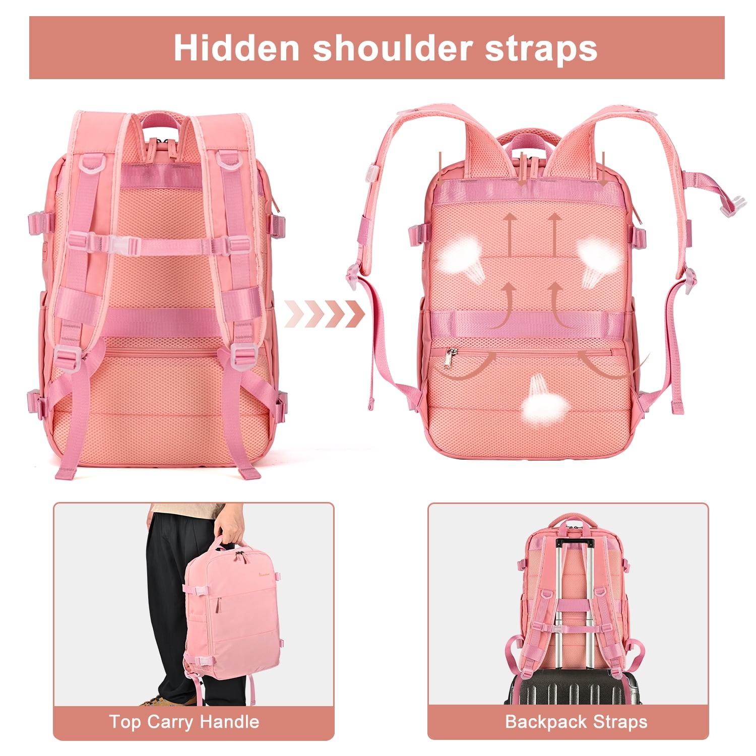 Travel Backpack for Men & Women, College Bookbag with Packing Cube Shoe Pocket, Flight Approved Carry on Backpack Fits 16" Laptop, Pink