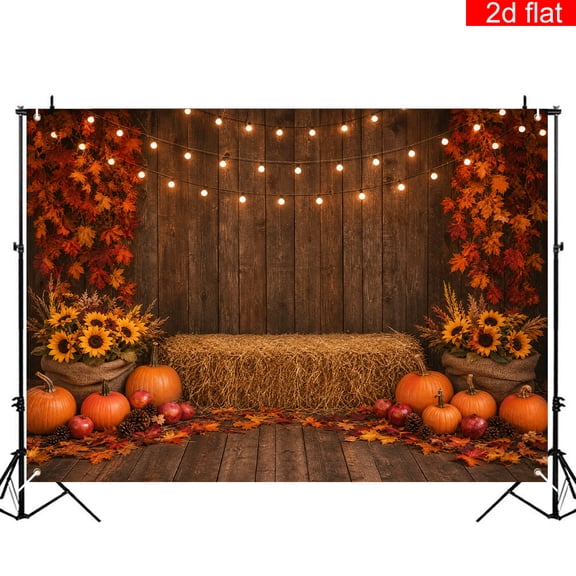 Elyvra 4x6ft Polyester Fall Thanksgiving Photography Backdrop with Pumpkins Hay Bale String Lights Wood Wall Floor Autumn Photo Booth Background