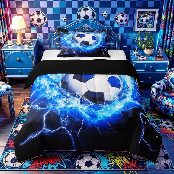 Castle Fairy Sport Soccer Twin Comforter Sets 2pcs, Abstract Lightning Bedding Set, Blue Black,Black Reversible,1 Comforter and 1 Pillowcase