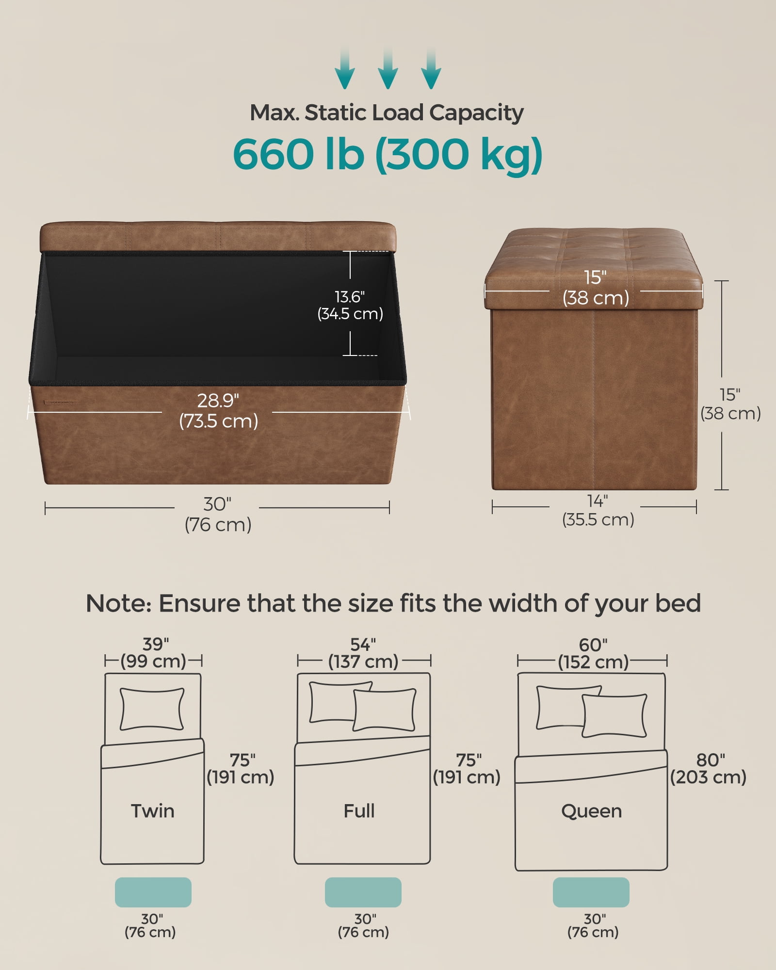 SONGMICS Folding Storage Ottoman Bench with Hidden Compartment, Reinforced MDF, Living Room & Bedroom Use, Foldable Setup, 30 Inch Footrest Stool, Storage Bench, Coffee Brown