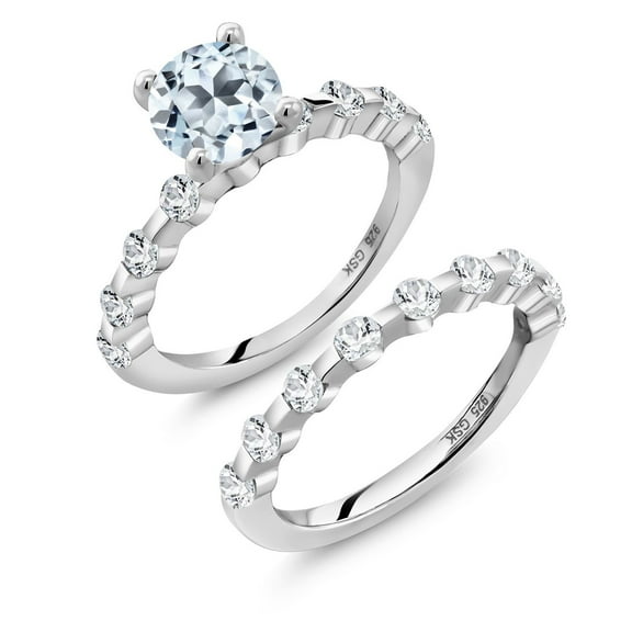 Gem Stone King 925 Sterling Silver Sky Blue Topaz and White Topaz Wedding Engagement Ring Band Bridal Set for Women (3.06 Cttw, Gemstone November Birthstone, Round 7MM, Size 5)