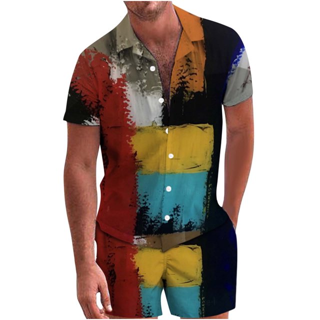 Traje de camisa informal de dos piezas con pantalones cortos de manga corta para hombre Pompotops oipoqjl35646