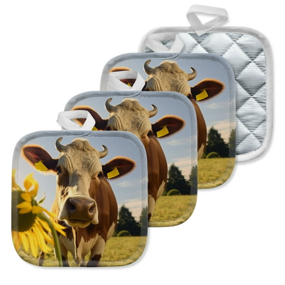 4 Pack Pot Holders,Kitchen Essential, Potholder Set,Cow With A Sunflower In A Pastoral Landscape