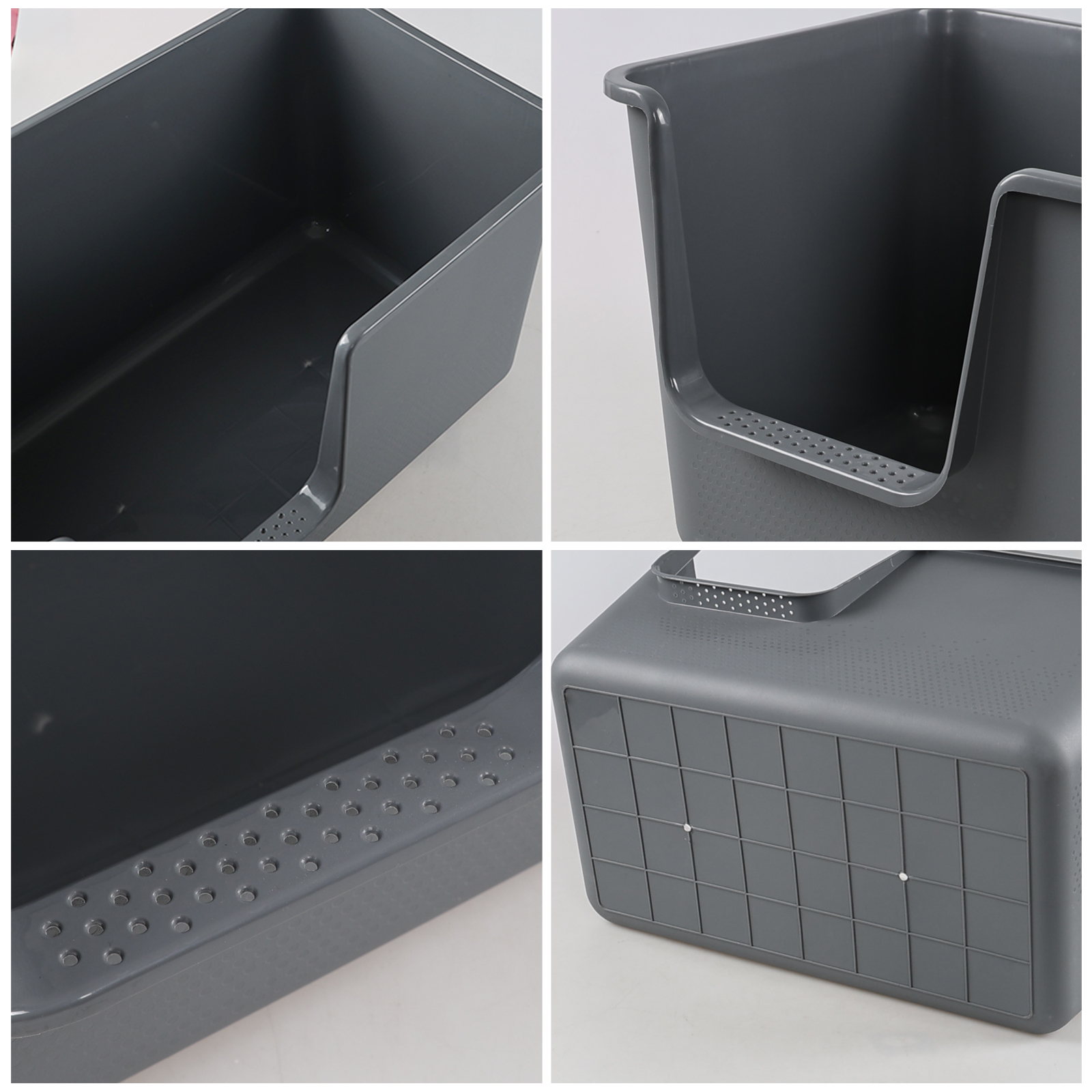 Qskely 4-Pack Large Open High Sided Cat Litter Box, Anti-Splashing Kitty Litter Box with Scoop, Gray