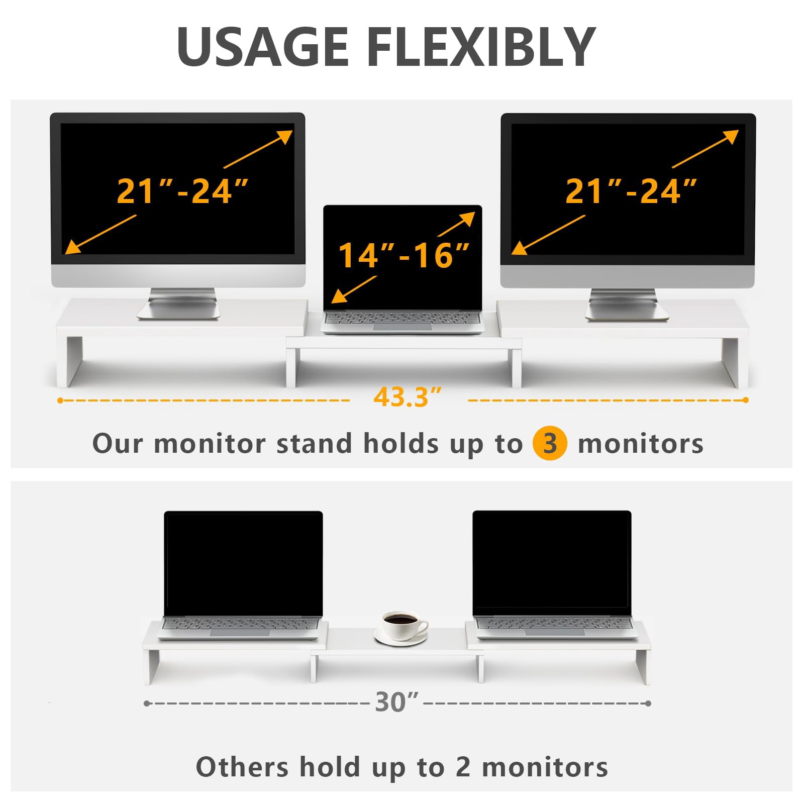 Dual Monitor Stand Riser  Computer Stands For 2 Monitors Extra Long Multifunctional Desktop Organizer Laptop Pc Printer Tv Max 43.3" Length White