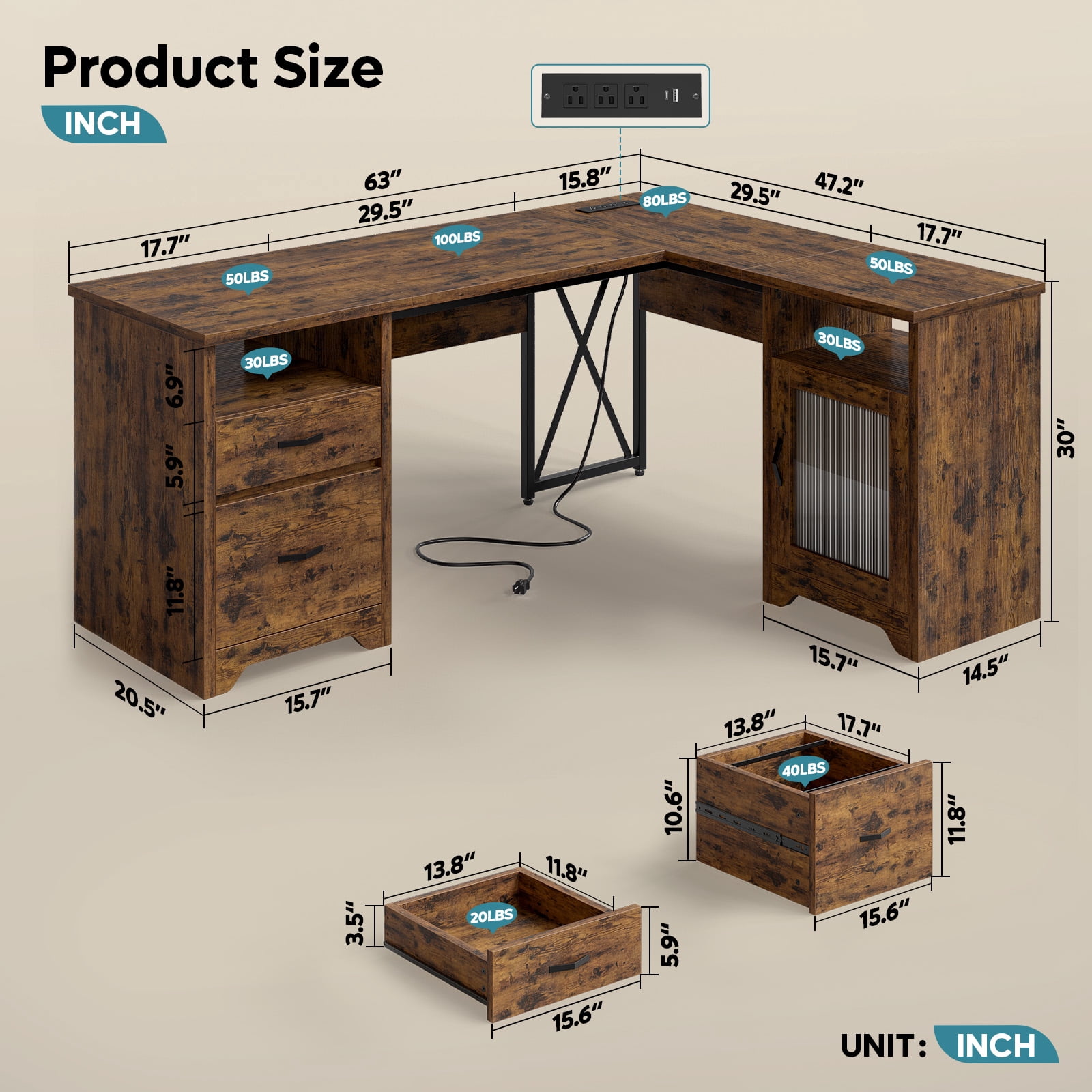 Bestier Farmhouse L Shaped Desk with Drawers, 63"Office Computer Desk with Charging Station & Fluted Storage Cabinet, Corner Desk with File Drawers, Modesty Panel for Home Office, Rustic Brown