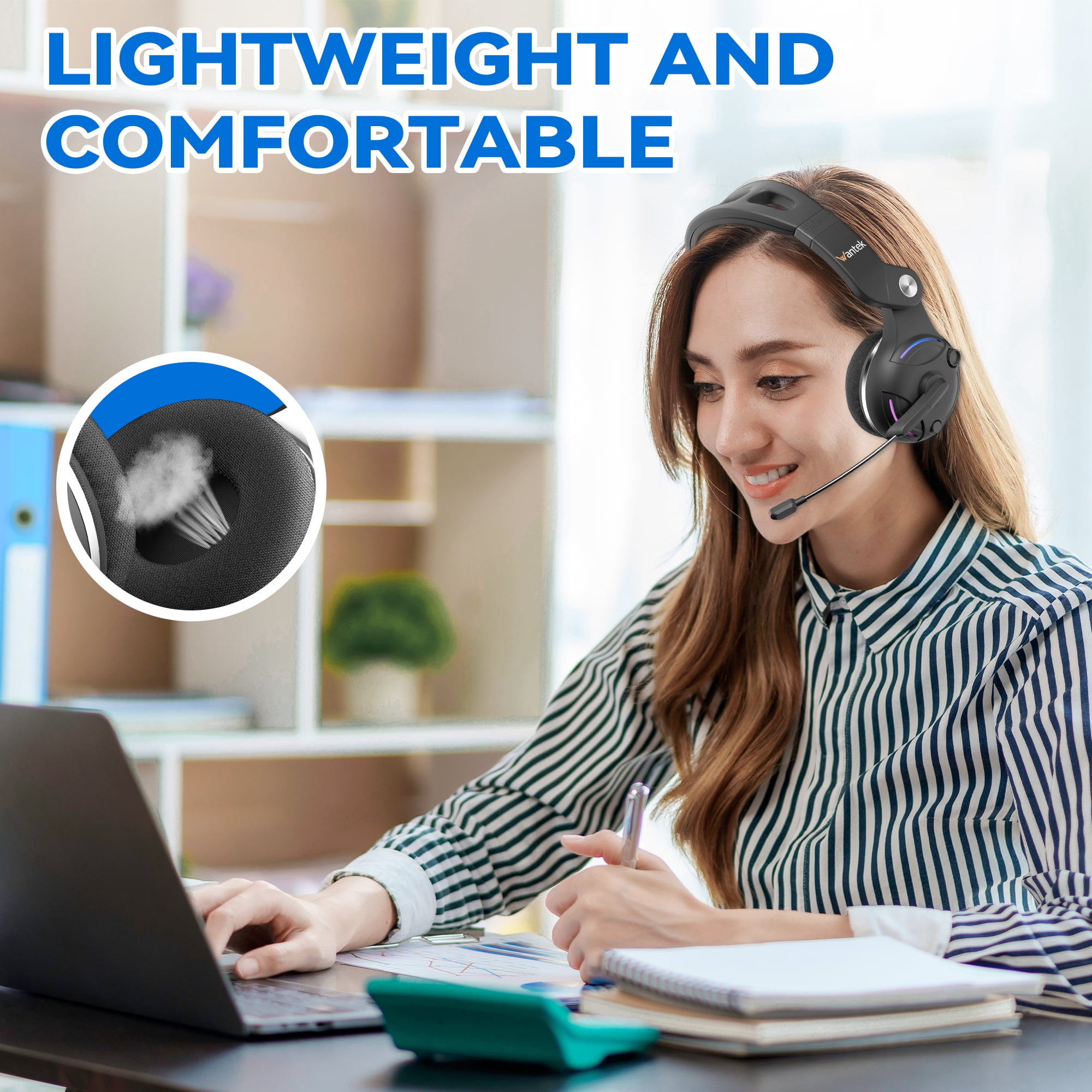 Wantek Wireless Bluetooth 5.3 Headset with Microphone AI Noise Cancelling For Phones PC