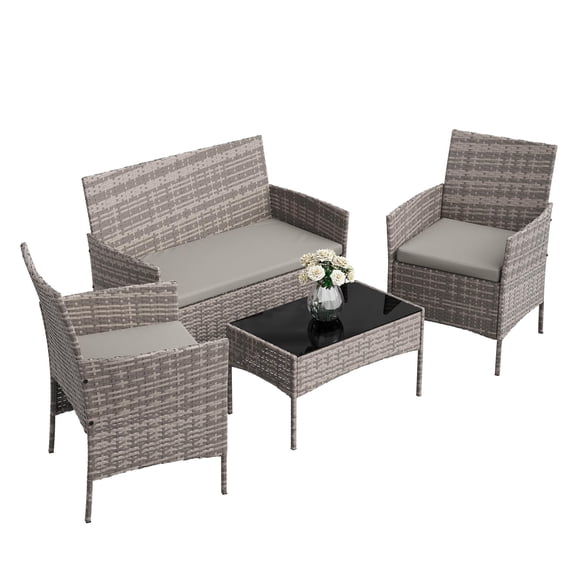 4-Piece Patio Furniture Set, Farmhouse Outdoor Furniture with Cushions & Glass Table, All-Weather Wicker Conversation Set for Backyard Garden Balcony – Brown & Beige