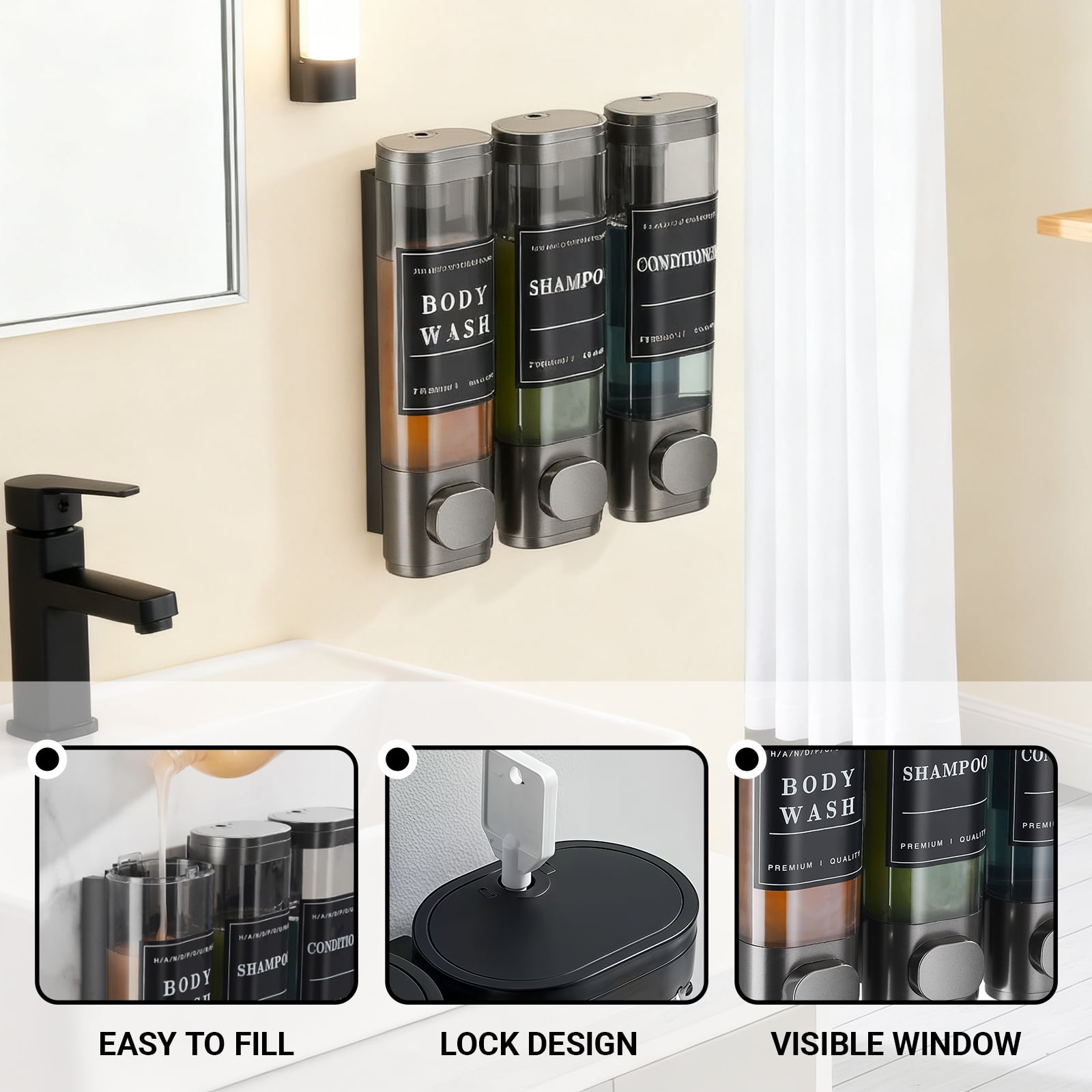 No Drill Wall Mounted Soap Dispenser with Labels