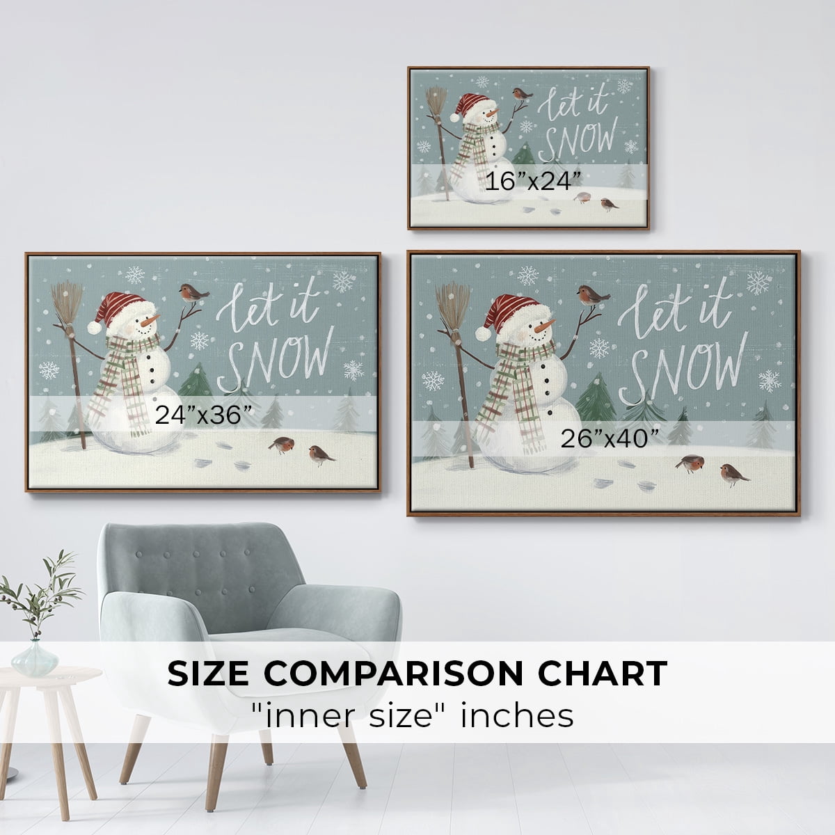 Jolly Snowman Collection A - Framed Gallery Wrapped Holiday Canvas - 25 x 37 - Rosewood Frame