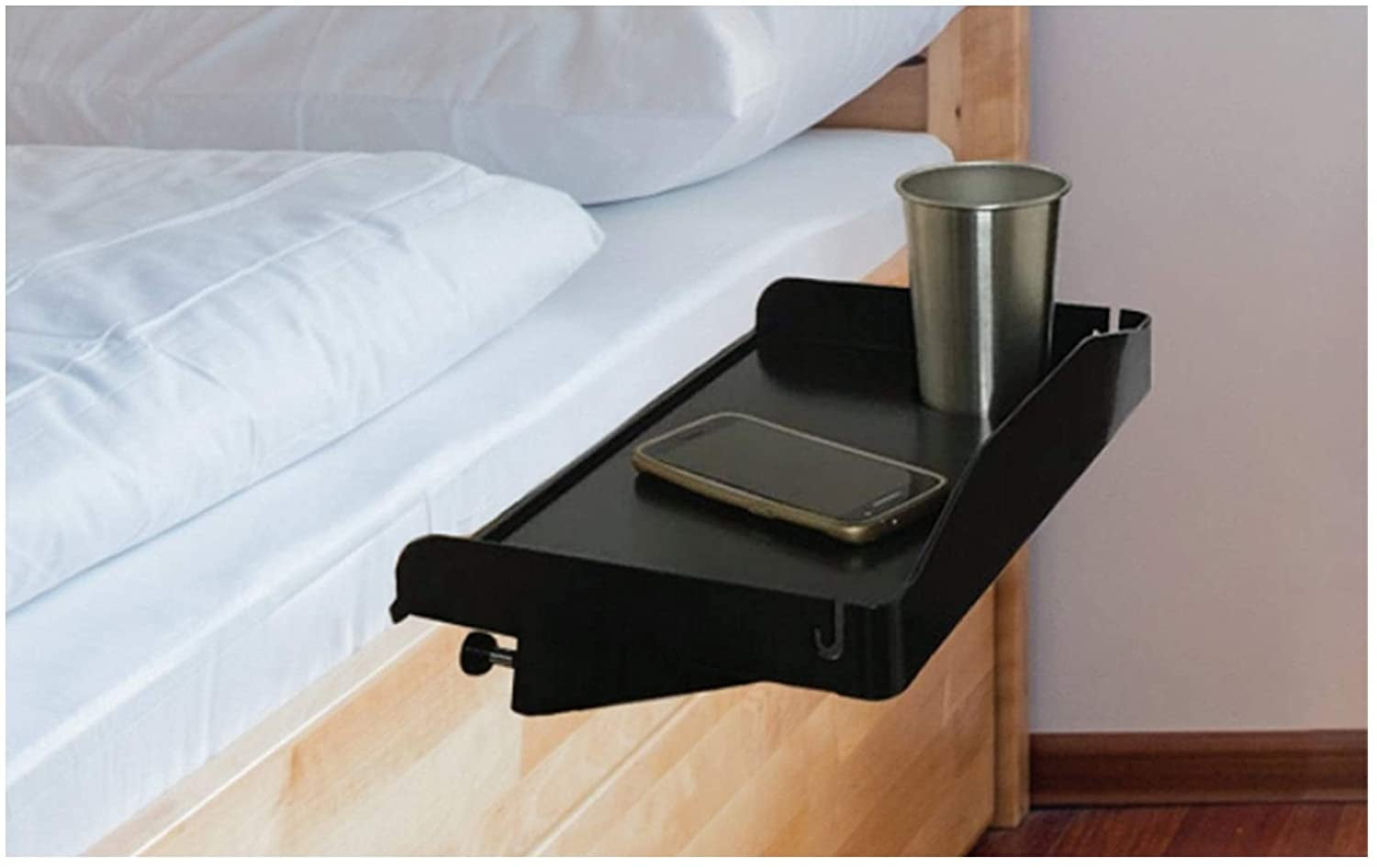 Black Bedside Shelf for Bed - Clip on Nightstand with Cup Holder & Cord Holder - Walmart.com
