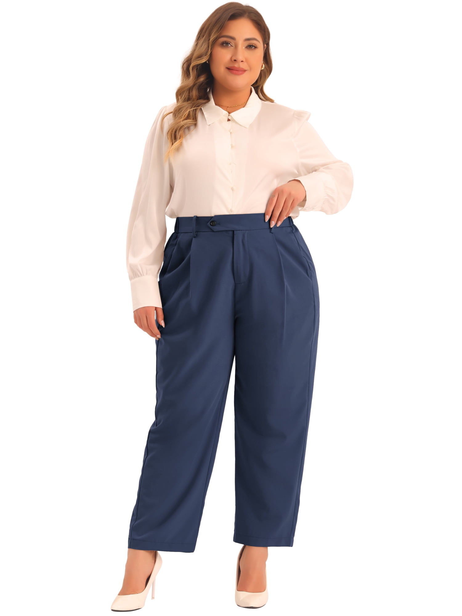 DARING DIVA Women's Plus Elastic High Waisted Long Straight Pants 2X Dark Blue