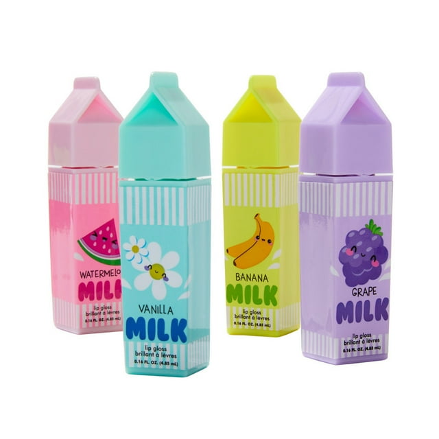 Claire's Gloss à Lèvres 4 pack en Forme de Cartons de Lait Multicolores, Saveur Pastèque, Vanille, Banane et Raisin