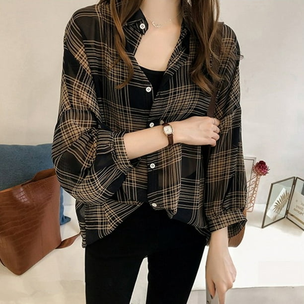 Plaid Shirts for Women Ladies Cute Colorful Plaid Collar Blouse Shirts  Daily Long Sleeve Oversized Blouse Tops : : Clothing, Shoes 