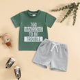 thumbnail image 2 of mgoYE Toddler Baby Boy Clothes Summer Short Sleeve Letter Too Handsome To Be Trouble Print T-Shirt Tops Solid Color Shorts Set Casual Outfit(Green,4-5 Years), 2 of 4