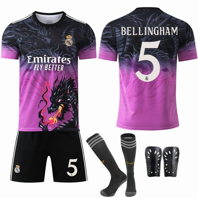 2425 Real Madrid Color Dragon Pattern Special Commemorative Edition No. 9 Mbappe 7 Vinicius 5 Bellingham Black and Purple No. 5 with Socks + Protective Gear Set3XL