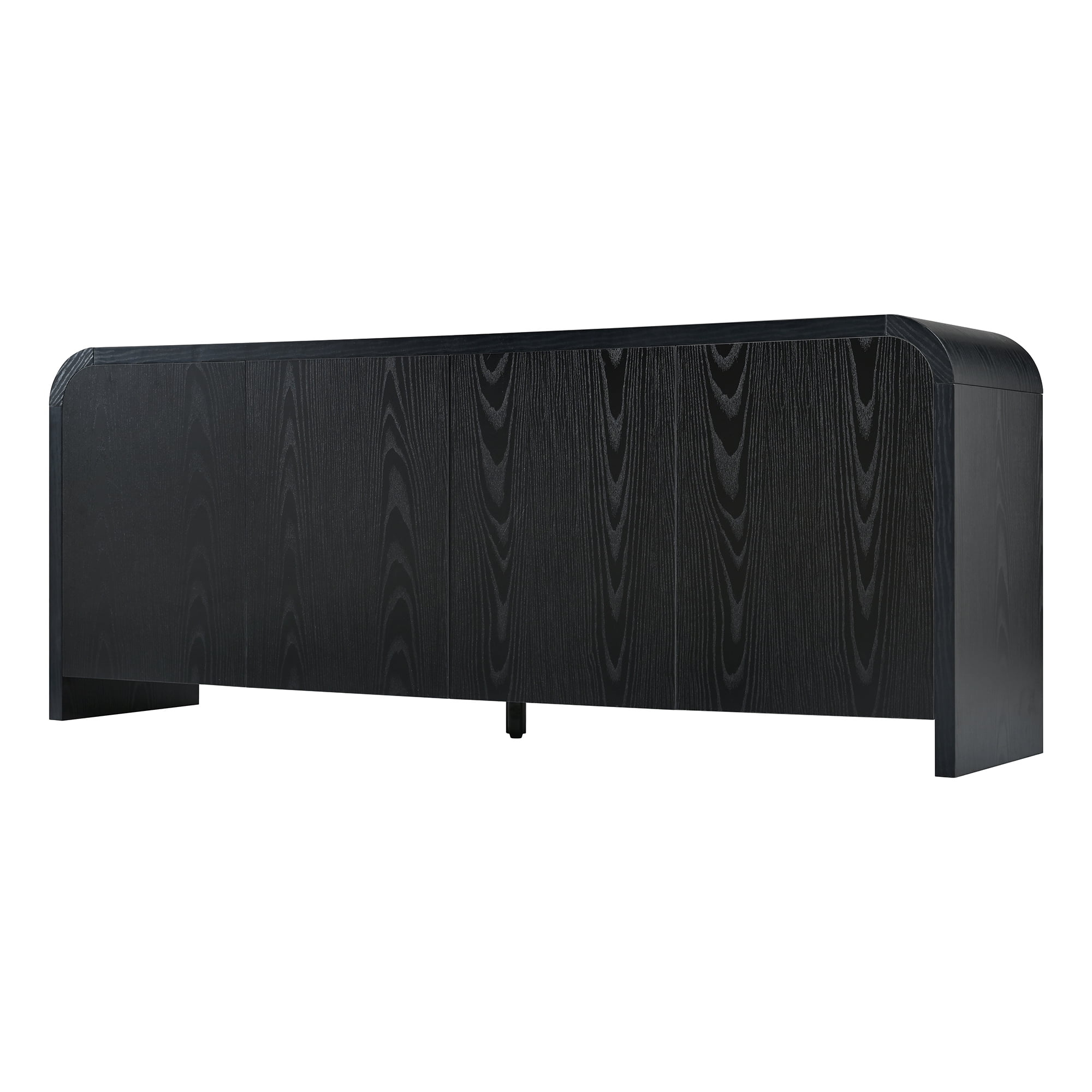 Leumius Farmhouse Curved Edge TV Stand with Large Cabinets for TVs up to 70", Minimalist Wood Grain Media Console with Cable Management and Adjustable Shelves for Living Room, Black
