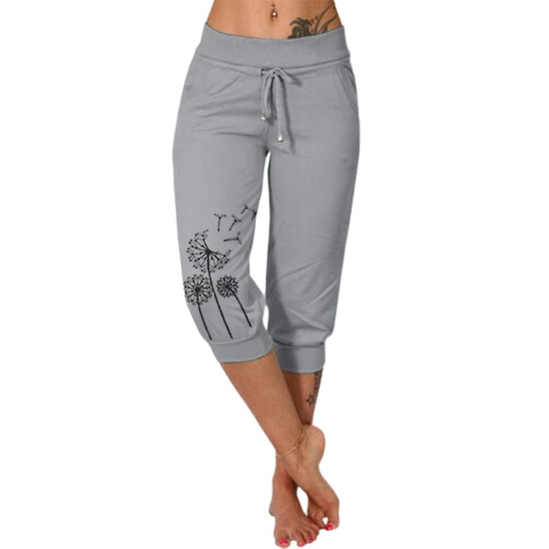 Women Capri Pants Print Drawstring Casual Cropped Trousers Summer Loose ...