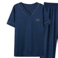 thumbnail image 5 of Men's Ultra Soft Bamboo Viscose Pajama Sets Lightweight Comfy Lounge Sleep V Neck Short Sleeve Pants Pjs Sleepwear Embroidery Big and Tall Size L-4XL Dark Blue, 5 of 5