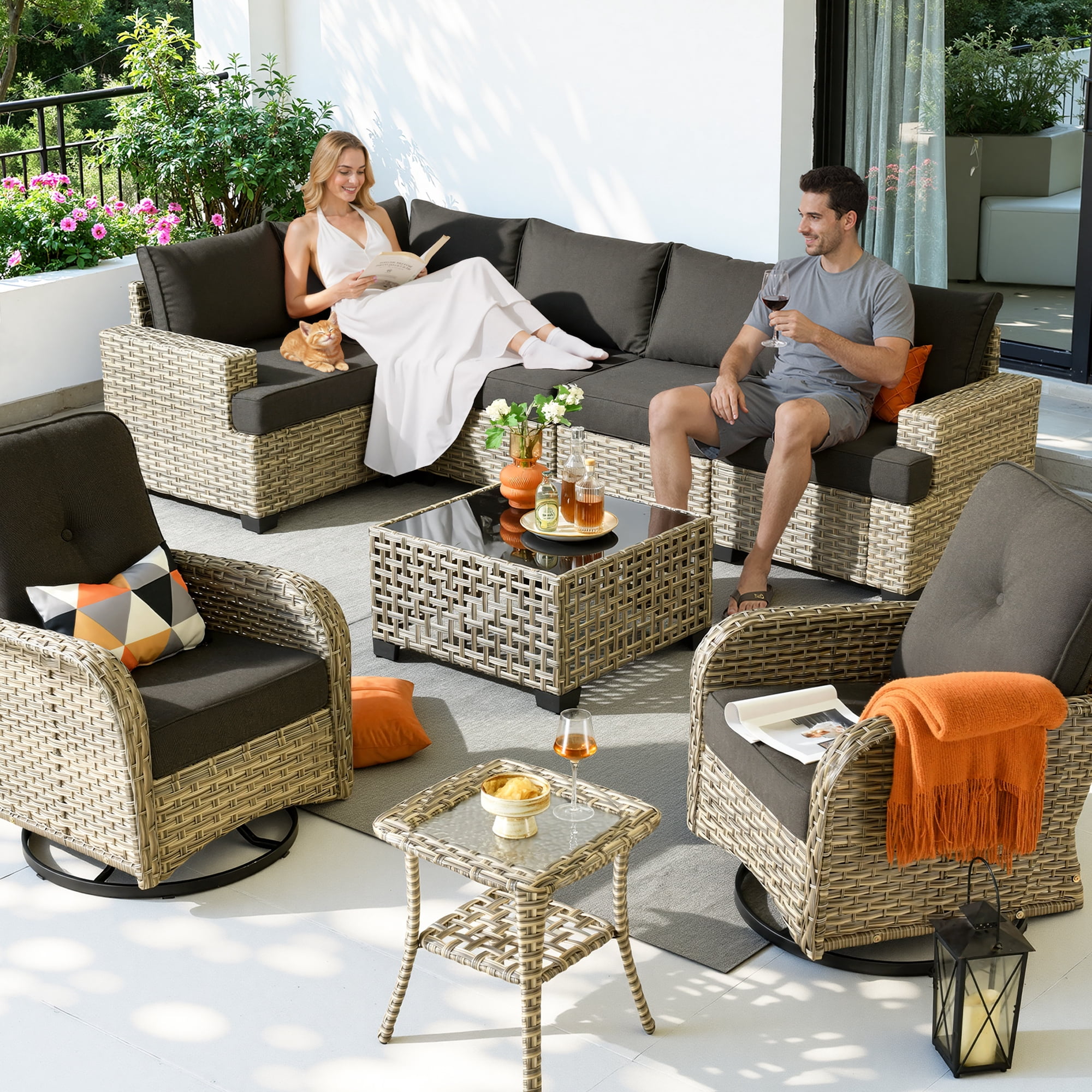 Toject 9 Pieces Patio Furniture Set Outside Furniture Wicker Patio Conversation Set with Swivel Chairs, Outdoor Furniture for Garden, Black