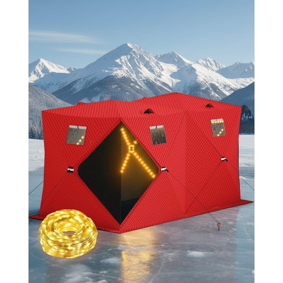 COZONY Pop Up Ice Fishing Shelter with LED Light, 141x70x77 in Insulated Windproof Hub Tent, 1–8 Persoin