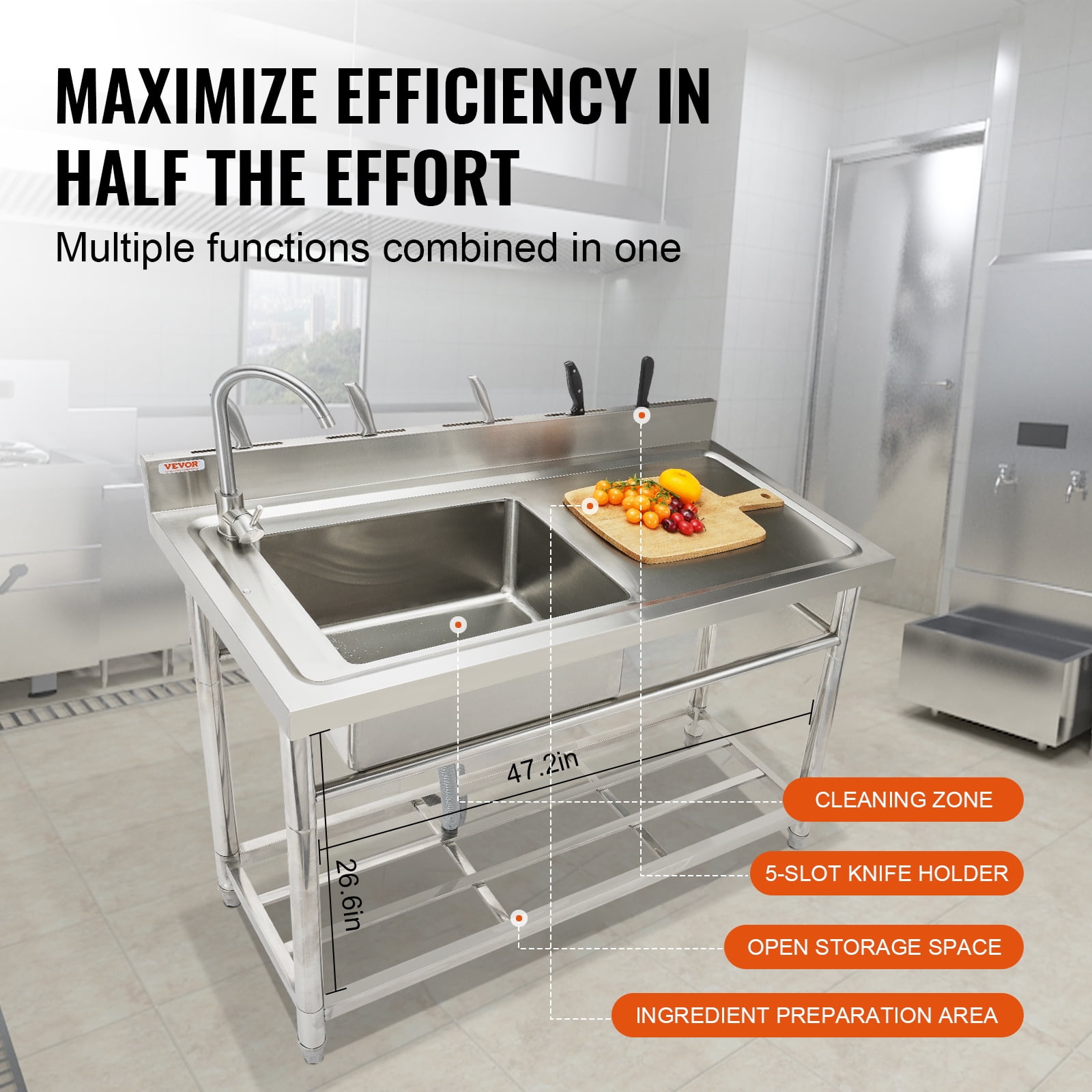 BENTISM S3-1 Stainless Steel 47.2 Inch Freestanding Single Bowl Sink