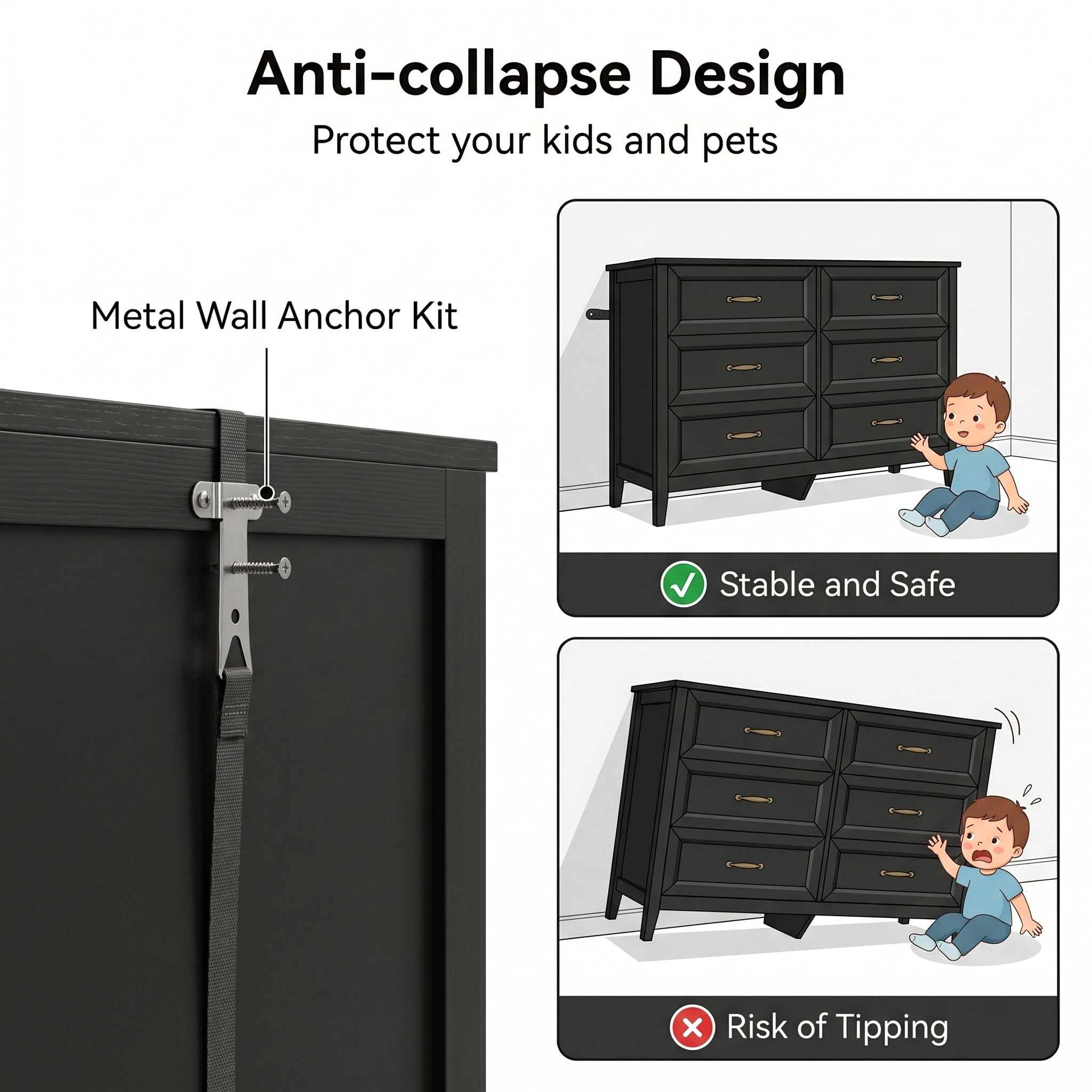 Lofka Black 6 Drawer Dresser with Metal Handle for Bedroom Living Room