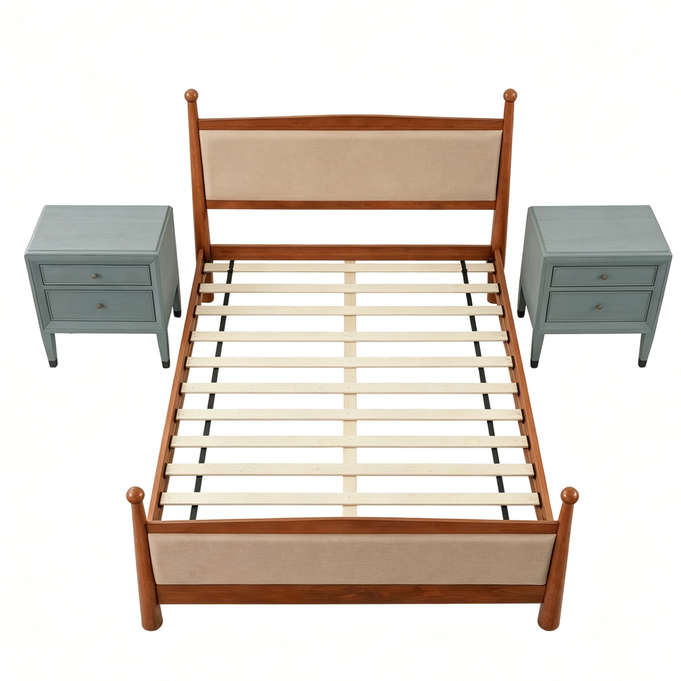 Christopher Knight Home Farmhouse Bedroom Set, Queen Upholstered Bed and 2 Nightstands, Cherry+Sage Green