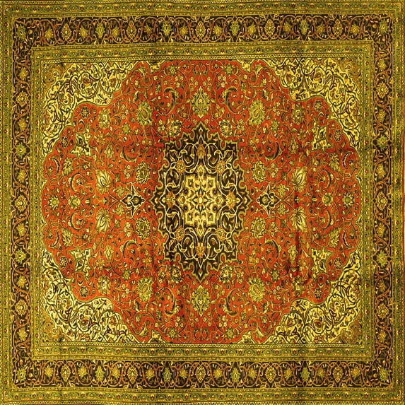 Ahgly Company Machine Washable Indoor Square Medallion Yellow Traditional Area Rugs, 3' Square