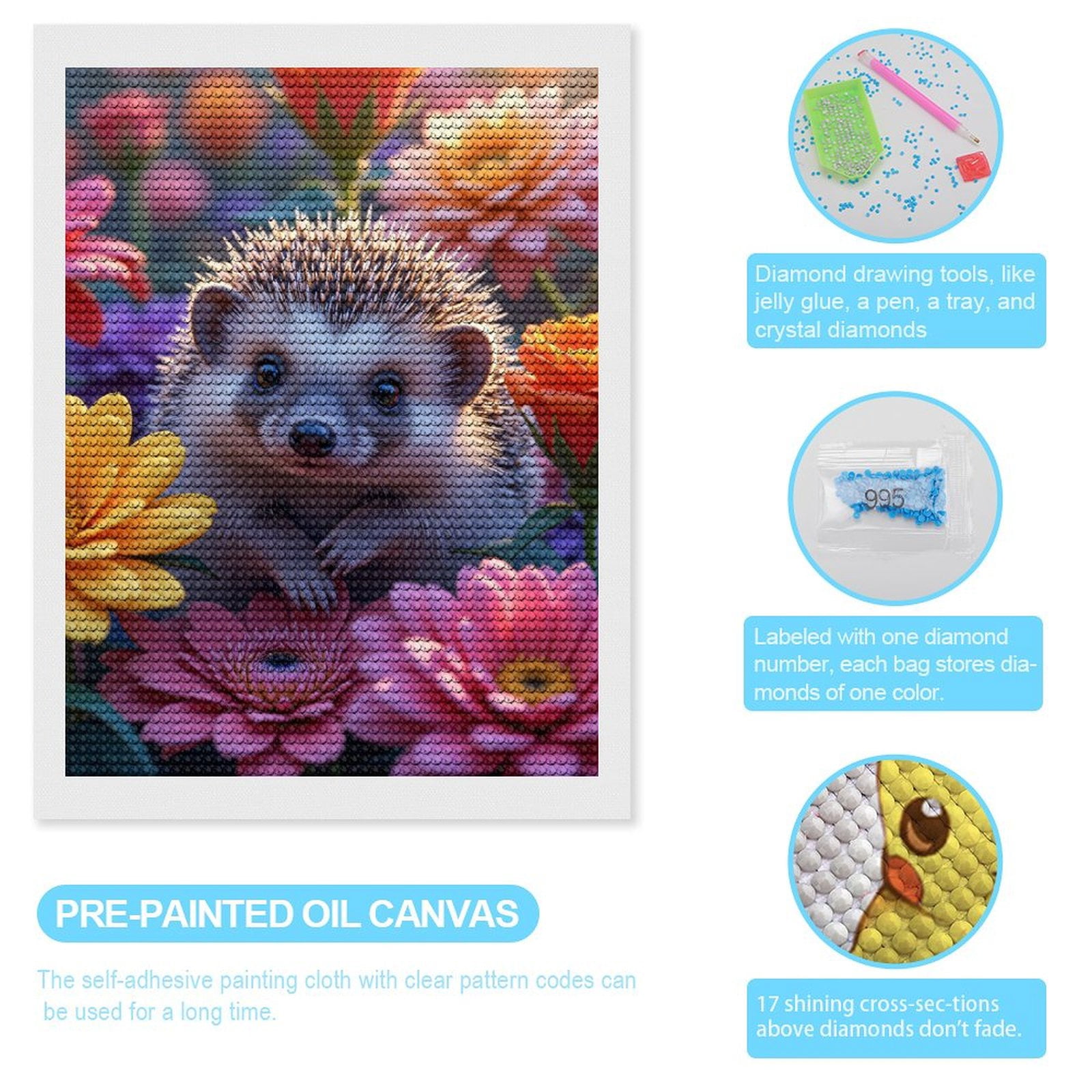 Diamond Art Kits for Adults, Adorable Hedgehog Among Colorful Blooms 5D Diamond Painting Kits for Adults Beginners, DIY Full Drill Diamond Painting, Gem Art and Crafts 12x16