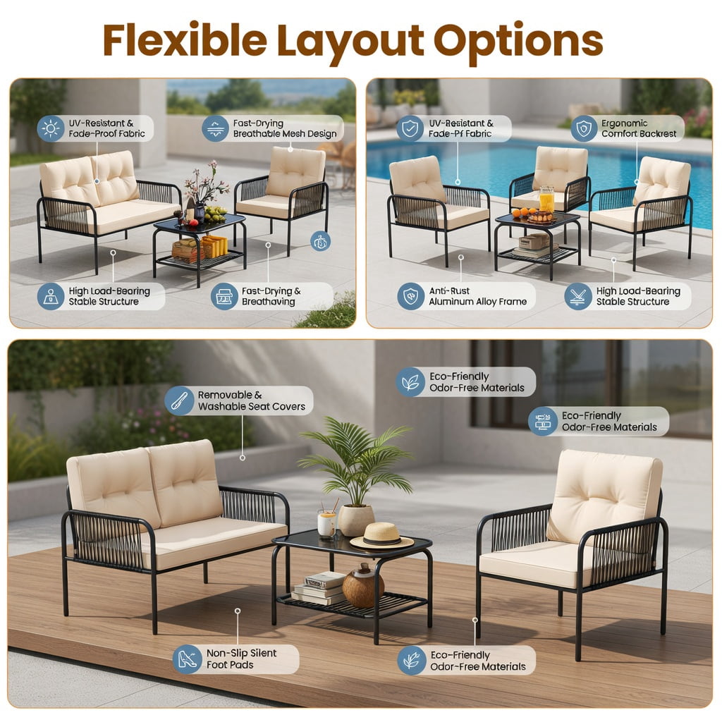 Hommoo 4-Piece PE Rattan Patio Furniture Set, Loveseat, 2 Chairs, Coffee Table with Removable Cushions for Backyard, Poolside & Patio, Beige