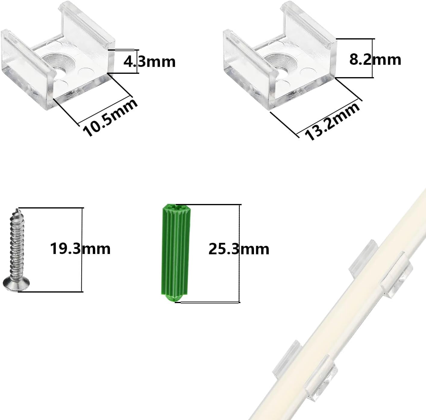 Strip Light Mounting Brackets, 40 Pcs Transparent Fixing Clips Screws and Drywall Anchors, 2 Silicone Tail Plugs, only for 10mm X 6mm 288LEDs/M 65.6FT COB Strip Light