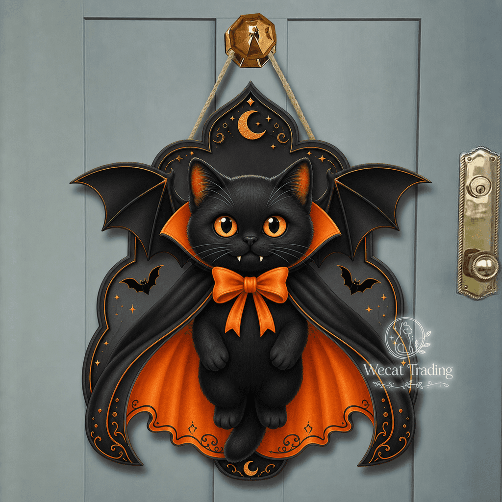 Wooden Sign Munchkin Cat Vampire Wooden Door Hanger for Halloween Cat Lovers