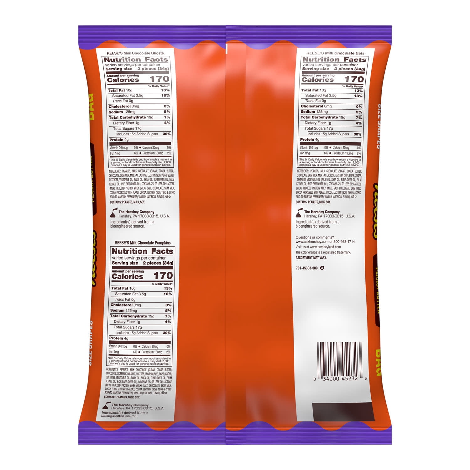 (2 pack) REESE'S Assorted Milk Chocolate Snack Size Peanut Butter Shapes, Halloween Candy Jumbo Bag, 14.4 oz