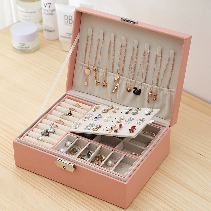 Details about   White Jewelry Box Necklace Rings Storage Organizer Travel Leather Gift Case 