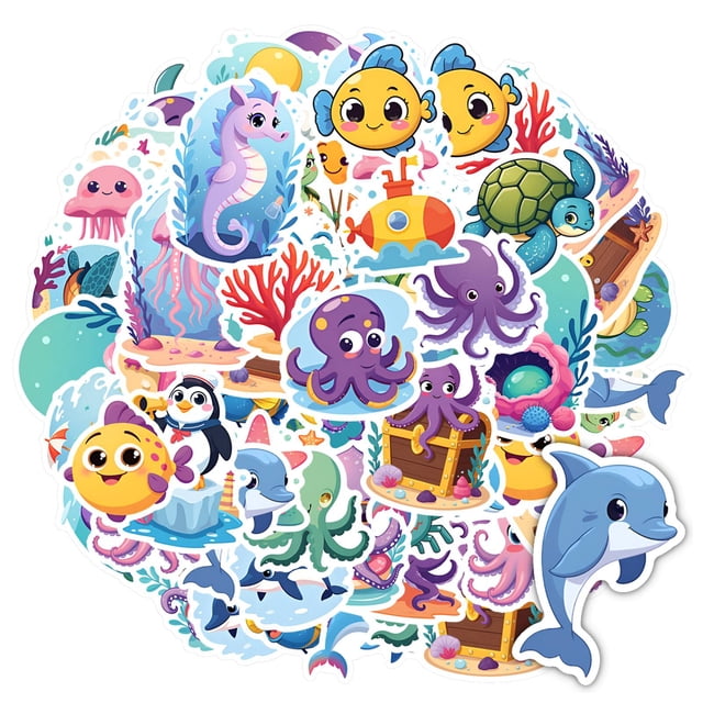 35pcs-50pcs Cartoon Animal Stickers Ocean Stickers Cute Aquatic Stickers Funny Decals for Suitcase Fridge
