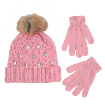 Little Girls Cuffed Beanie and Gloves Cold Weather Set, Age 4-7