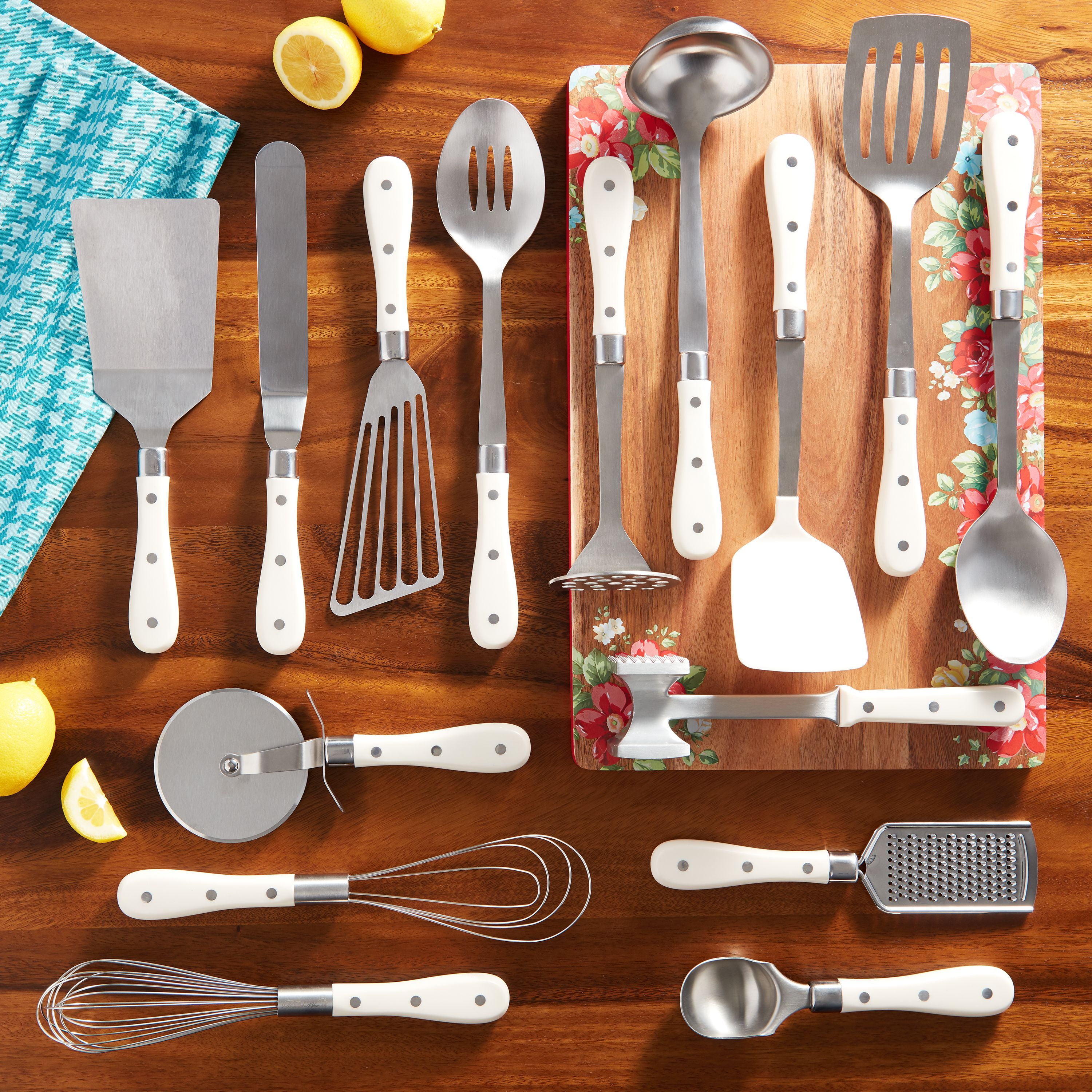 The Pioneer Woman Frontier Collection 15-Piece All In One Tool and Gadget Set in Turquoise & Cutlery Set 14-Piece in Turquoise 