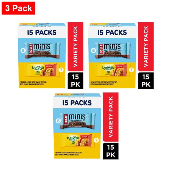 CLIF BAR Minis Energy Bars & belVita Crunchy Breakfast Biscuits Variety Pack 15 ct - 3 Pack