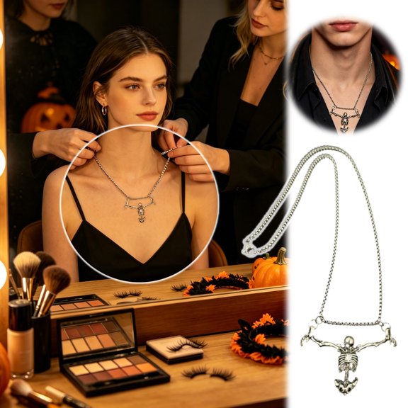 Punk Skeleton Pendant Necklace Gothic Skeleton Chain Necklace For Men Women Halloween Jewelry