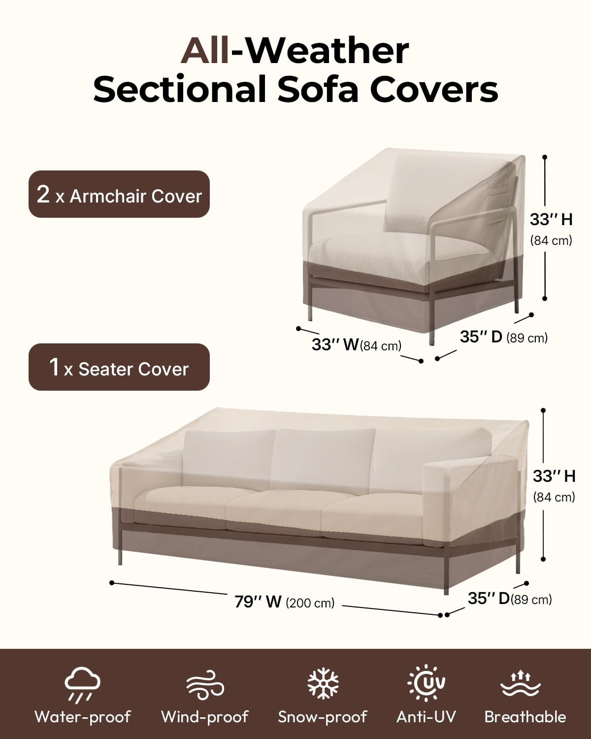 3-Seater Patio Furniture Covers Waterproof Heavy Duty 600D Oxford Fabric Outdoor Sofa Cover Sun Fade Resistant 79W x 37D x 35H Inch