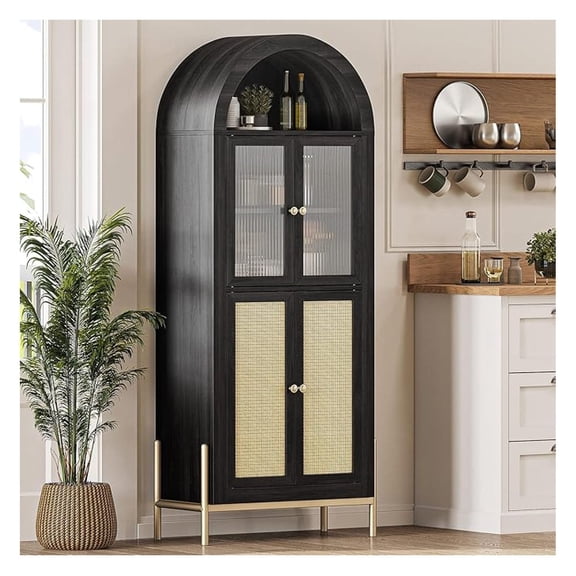 Modern Arched Kitchen Pantry, 5-Tier Wood Decorative Storage Cabinet with Reeded Glass Door and Adjustable Shelves, Freestanding Accent Display Cabinet for Home Living Room, Black