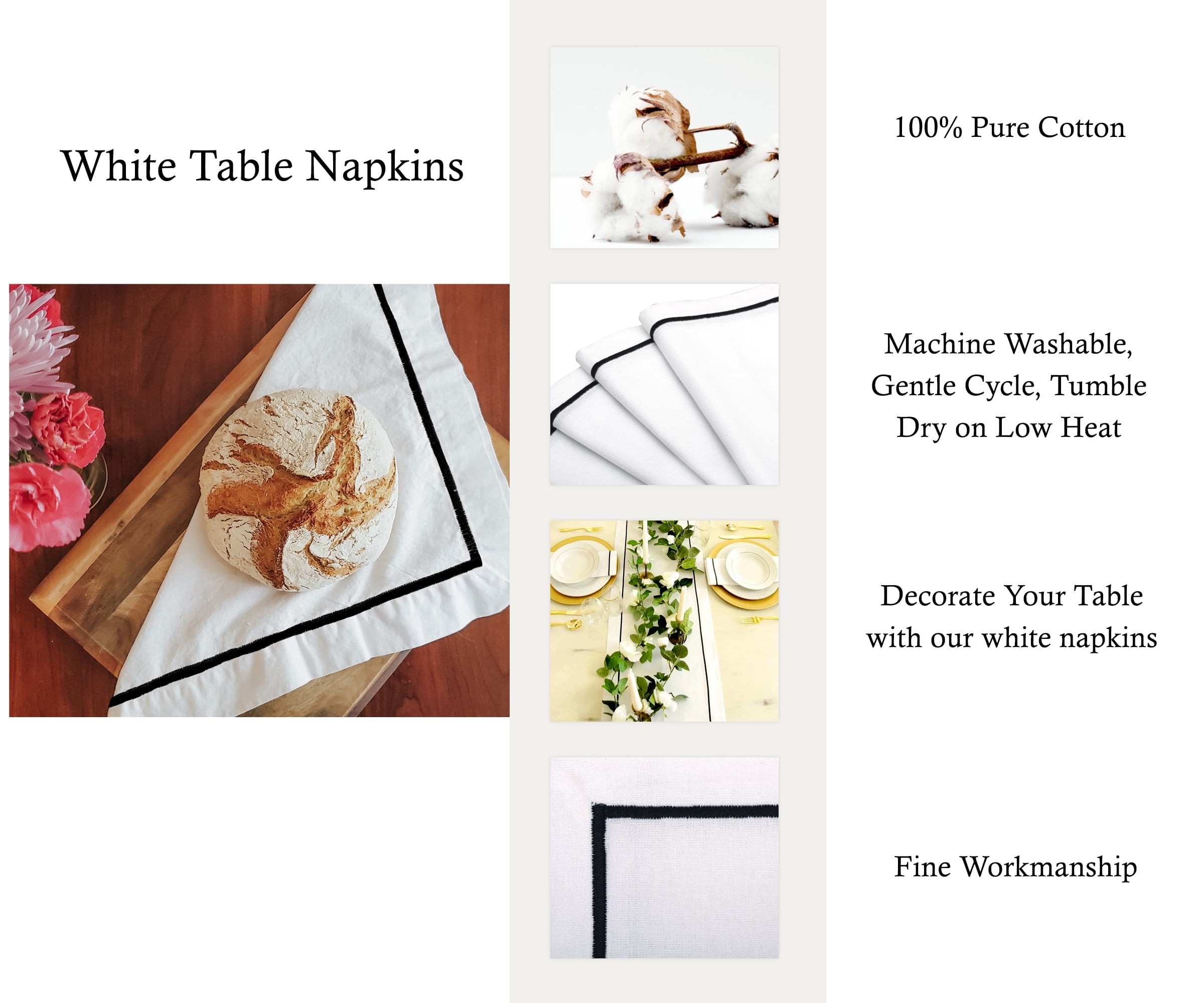 White with Black Trim Linen Napkin - Set of 6