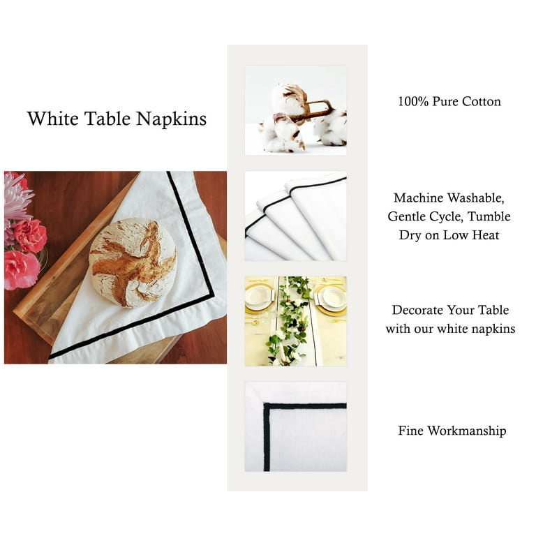All Cotton and Linen Cloth Napkins, Dinner Napkins, White Cloth Napkins  with Black Trim , Cotton Napkins, Black Dinner Napkins, Dining Table Decor,  White/Black Set of 4, 18x18 