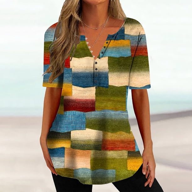 ICHUANYI Clearance Fashion Women Summer Causal Printing Short Sleeve V-Neck Top Blouse Button T-Shirt(Green, L) ICHUANYI WER2023081109205