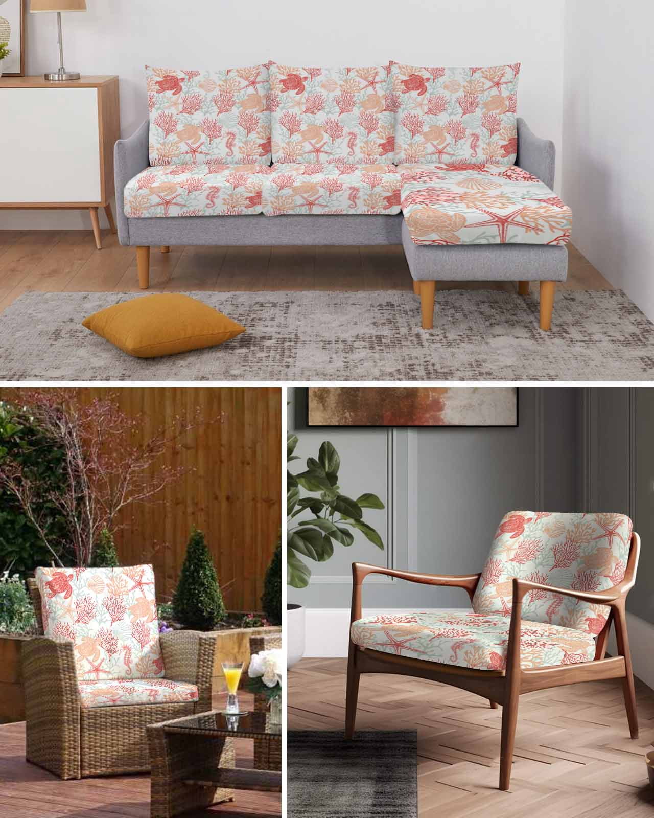Red Orange Coastal Couch Cushion Covers Stretch, Washable Sofa Seat Covers Individual Seat Cushion Sofa Slipcovers Sea Turtle Nautical Coral Summer Beach Couch Cover Furniture Protector M-1PCS