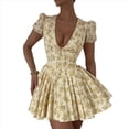 thumbnail image 1 of Vestido de Mujer con Escote en V, Estampado, Ajustado, Abullonada, Cordón Ajustable, Amarillo, Talla L, 1 of 10